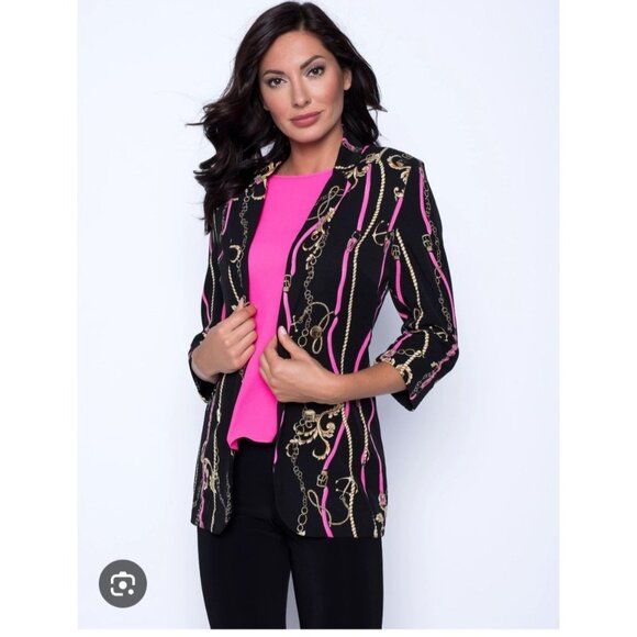 Frank Lyman Montreal Crepe Knit Collared Jacket Size 18 Black Pink Equestrian - Picture 1 of 11